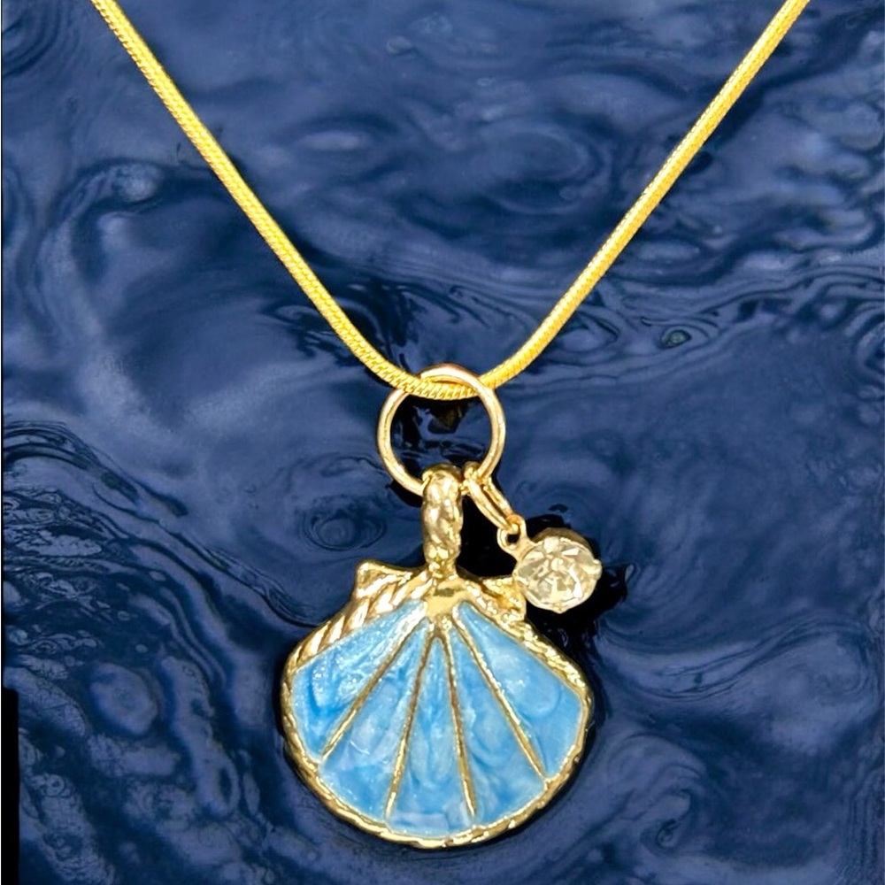 Betsey Johnson Gold and Blue Shell Pendant Necklace with rhinestone accent. NWT